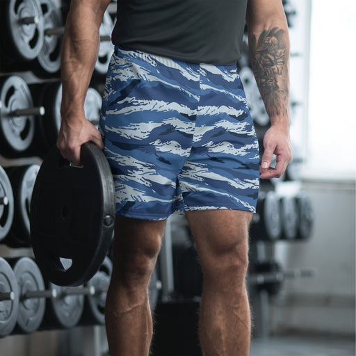 Tiger Stripe Kamysh Blue CAMO Unisex Athletic Long Shorts - 2XS