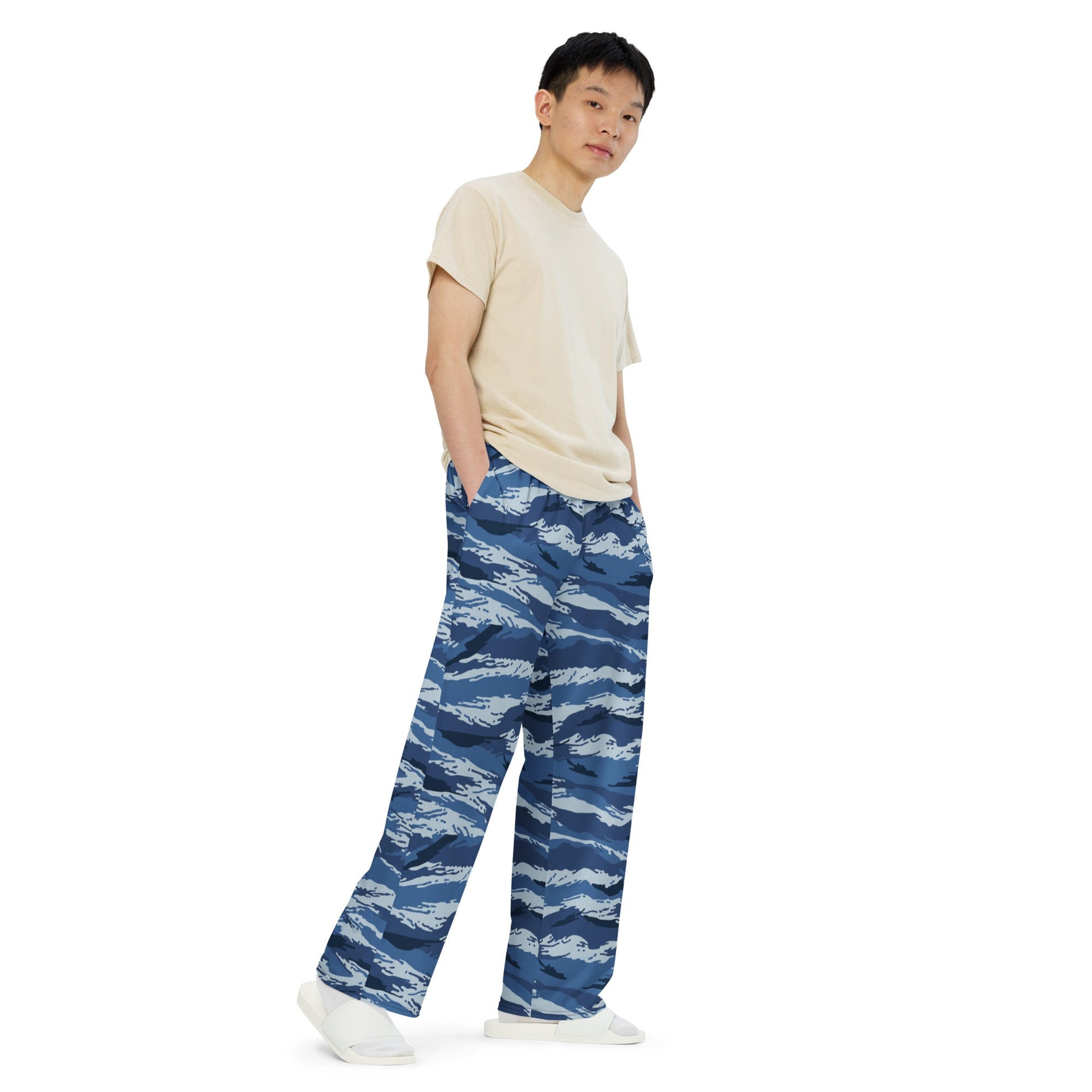 Russian Tiger Stripe Kamysh Blue CAMO unisex wide-leg pants - Wide-leg Pants