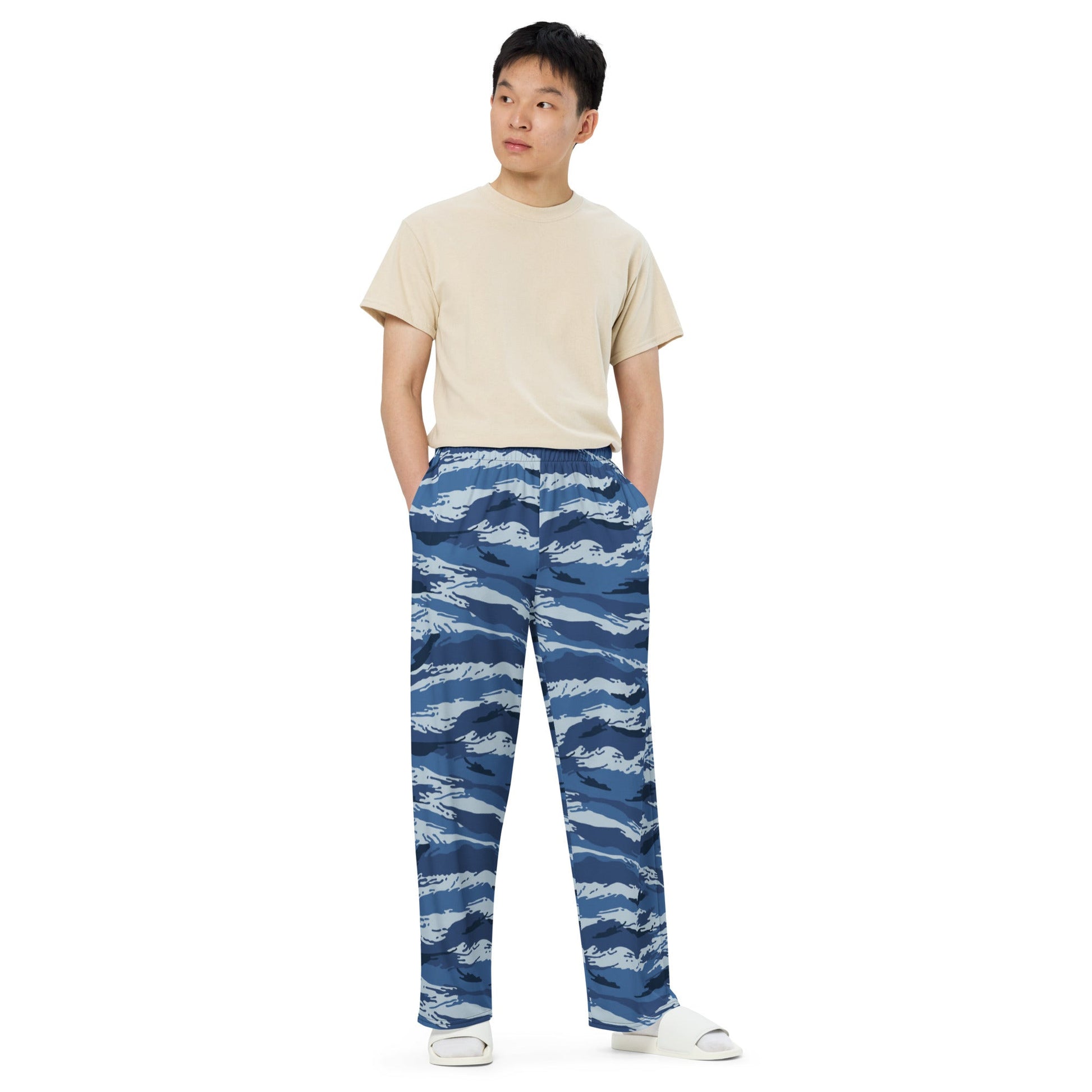 Russian Tiger Stripe Kamysh Blue CAMO unisex wide-leg pants - Wide-leg Pants