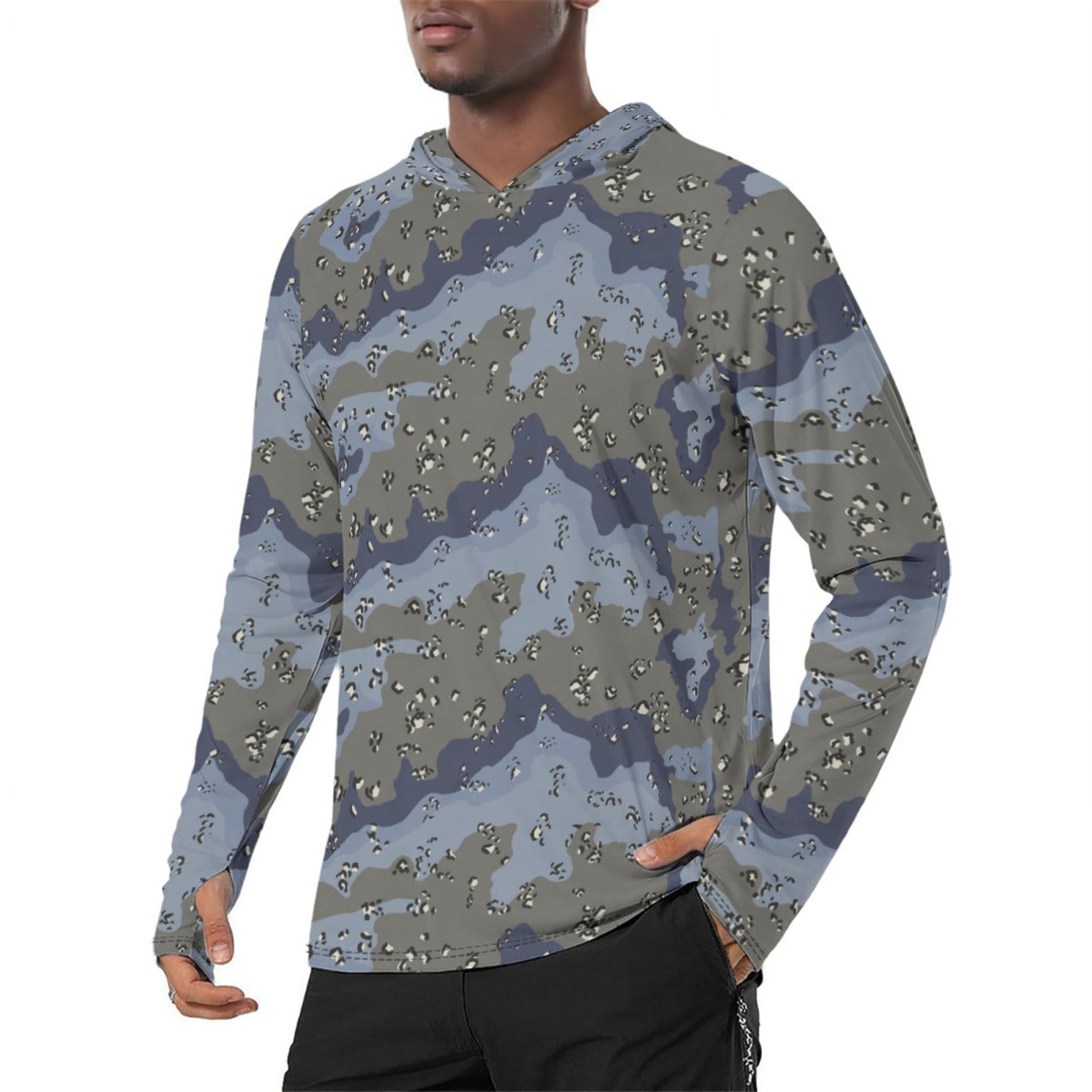 Saudi Chocolate Chip Desert Urban Blue CAMO Mens Sunscreen Sports Hoodie With Thumb Holes - S / White