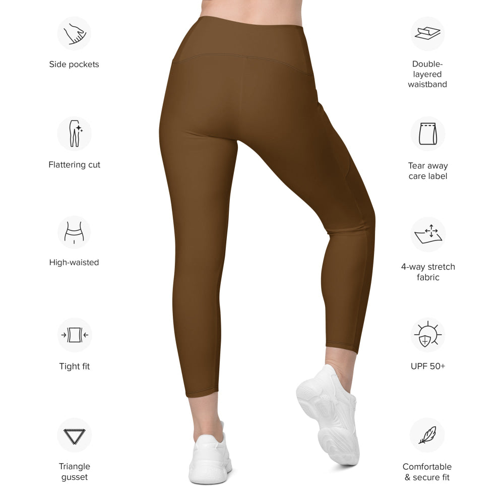 Solid Color Brown Leggings with pockets - Womens With Pockets