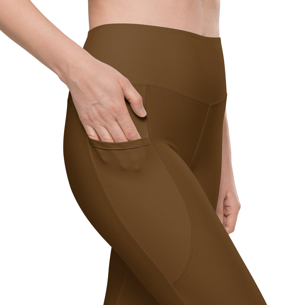 Solid Color Brown Leggings with pockets - Womens With Pockets