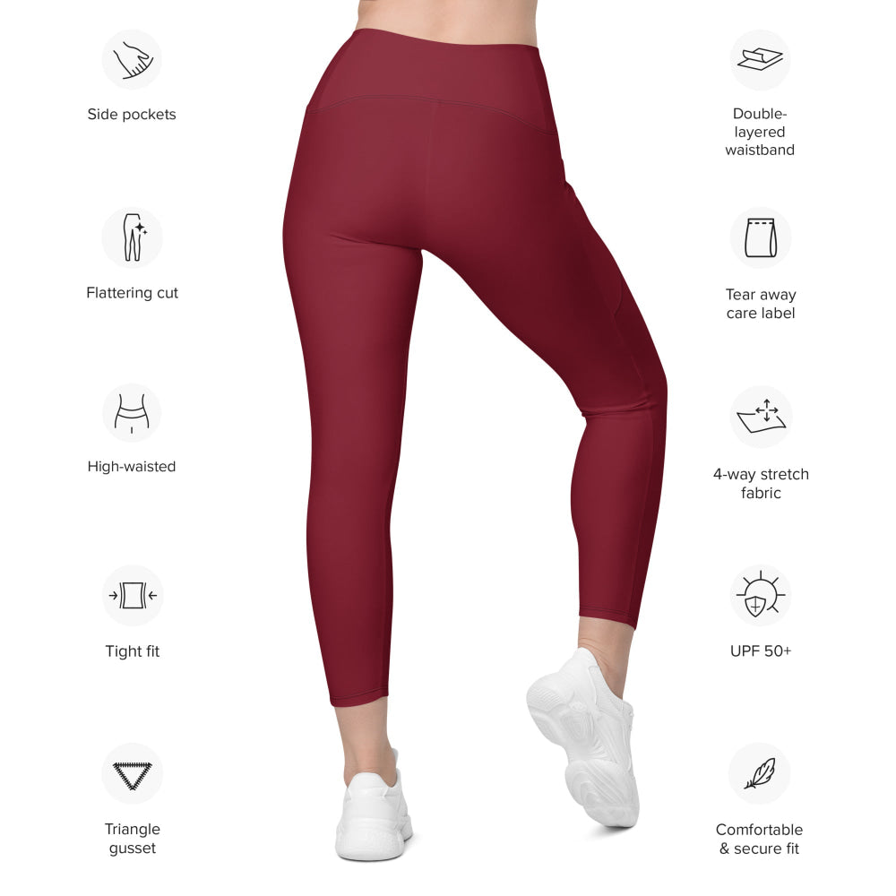 Solid Color Burgundy Leggings with pockets - Womens With Pockets