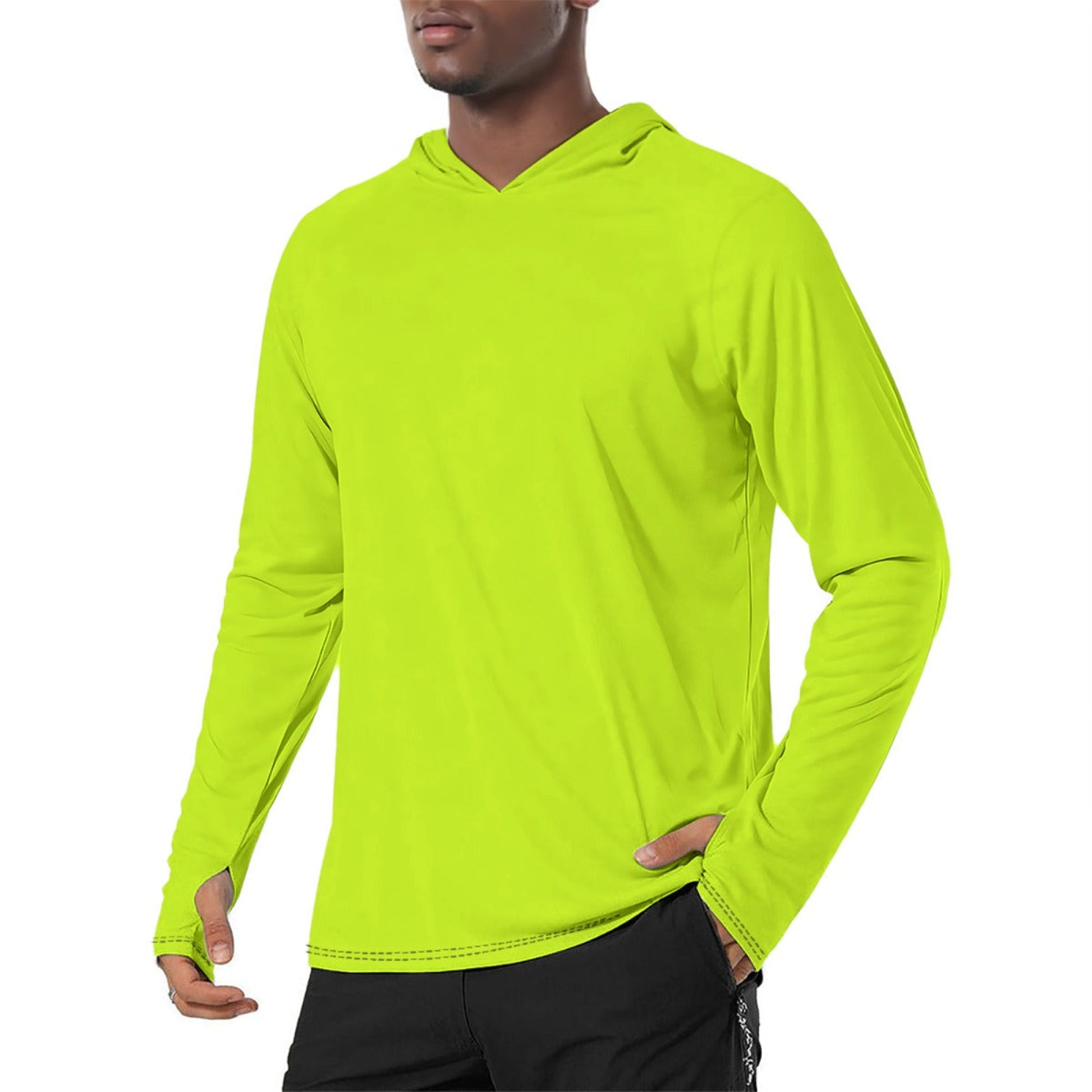 Solid Color Chartreuse Mens Sunscreen Sports Hoodie With Thumb Holes - S / White