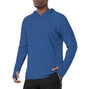 Solid Color Dark Cerulean Mens Sunscreen Sports Hoodie With Thumb Holes