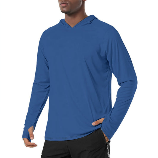 Solid Color Dark Cerulean Mens Sunscreen Sports Hoodie With Thumb Holes