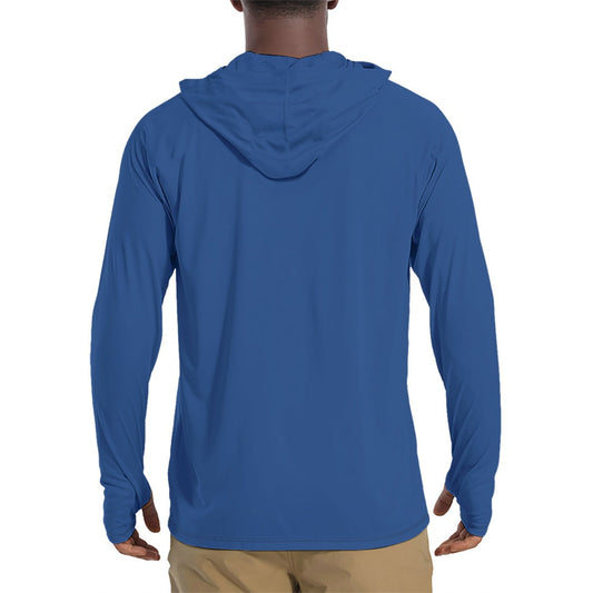 Solid Color Dark Cerulean Mens Sunscreen Sports Hoodie With Thumb Holes - S / White