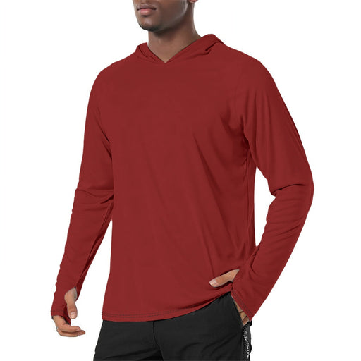 Solid Color Maroon Mens Sunscreen Sports Hoodie With Thumb Holes - S / White