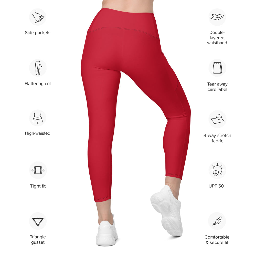 Solid Color Red Leggings with pockets - Womens With Pockets