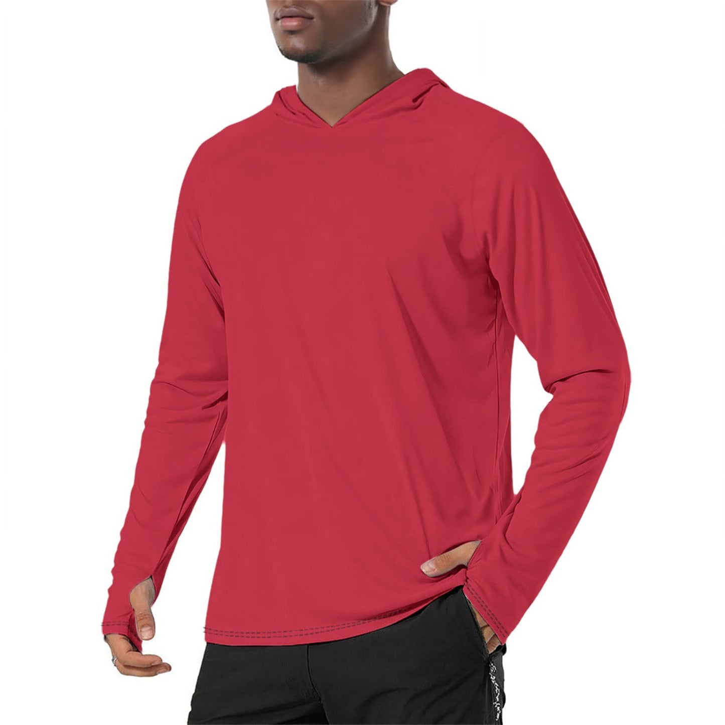 Solid Color Red Mens Sunscreen Sports Hoodie With Thumb Holes