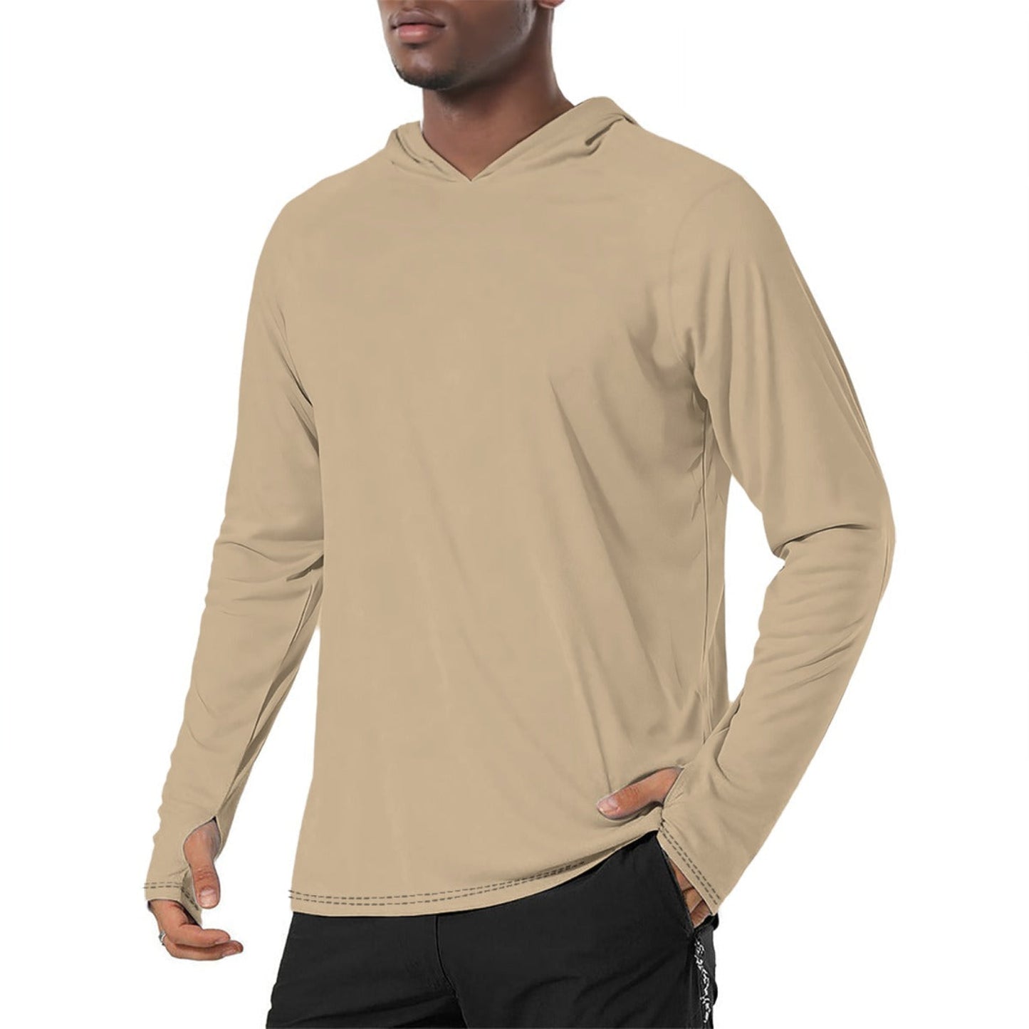 Solid Color Tan Mens Sunscreen Sports Hoodie With Thumb Holes - S / White