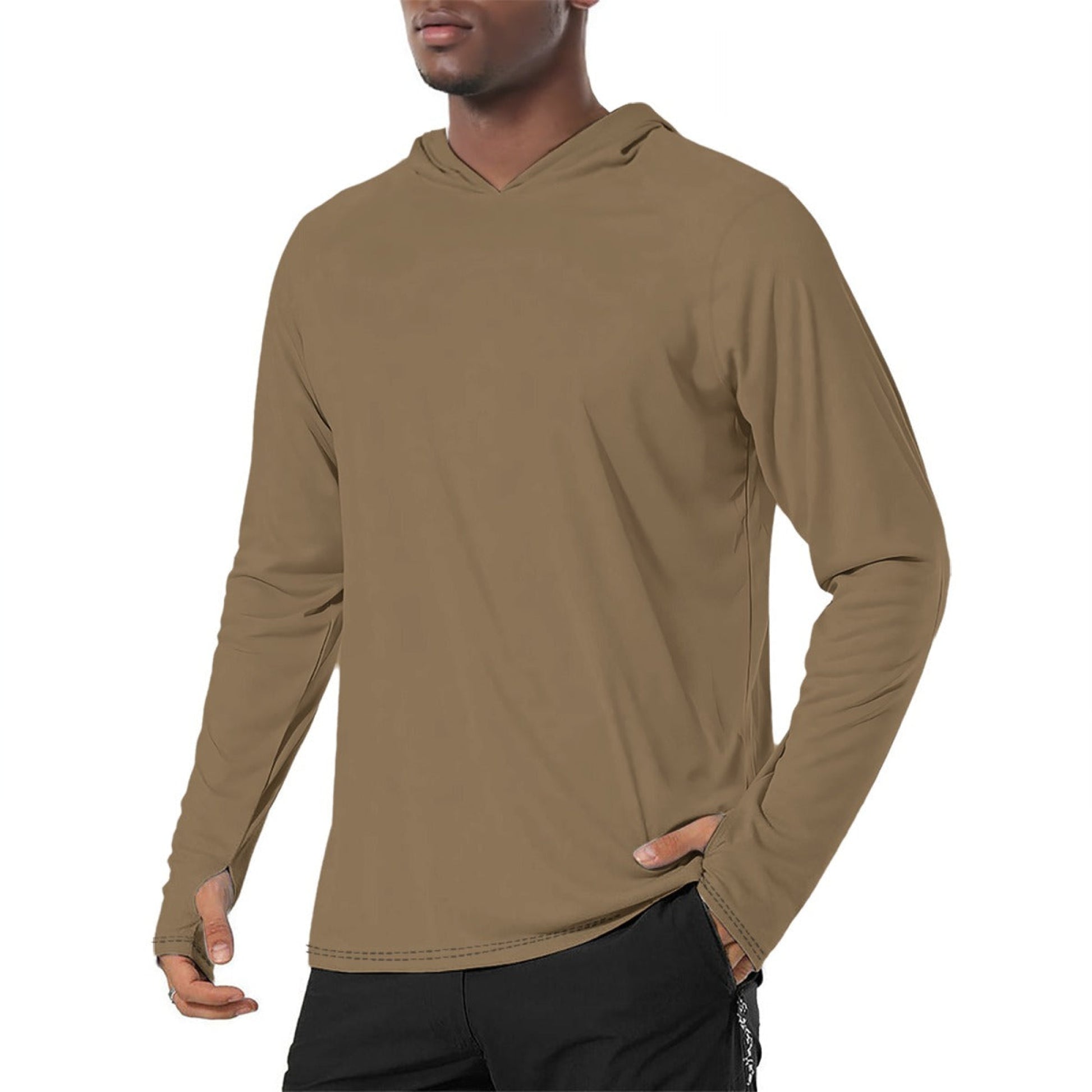 Solid Coyote Tan Mens Sunscreen Sports Hoodie With Thumb Holes
