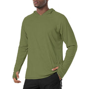 Solid Olive Drab Mens Sunscreen Sports Hoodie With Thumb Holes