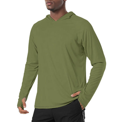 Solid Olive Drab Mens Sunscreen Sports Hoodie With Thumb Holes
