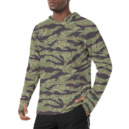 South Vietnamese Marine Corps Tiger Stripe CAMO Mens Sunscreen Sports Hoodie With Thumb Holes - S / White