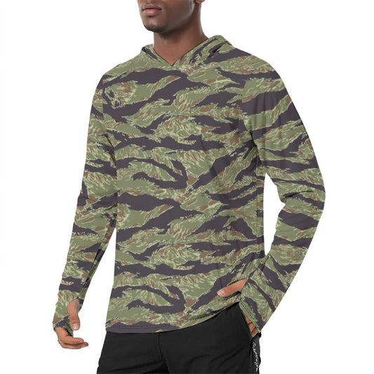 South Vietnamese Marine Corps Tiger Stripe CAMO Mens Sunscreen Sports Hoodie With Thumb Holes - S / White