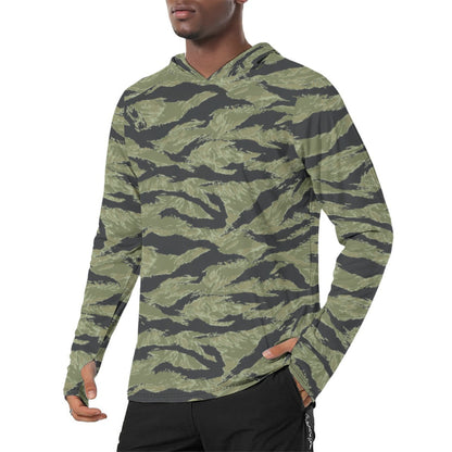 South Vietnamese Sea Wave Tiger Stripe CAMO Mens Sunscreen Sports Hoodie With Thumb Holes - S / White
