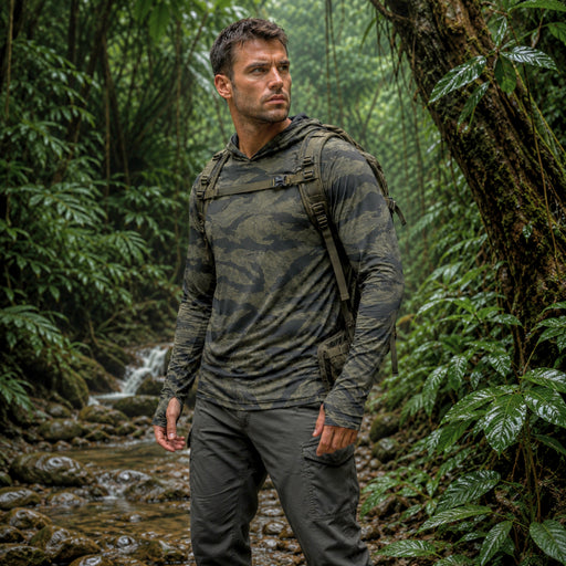 Tiger Stripe Highland Triple Canopy CAMO Mens Sunscreen Sports Hoodie With Thumb Holes