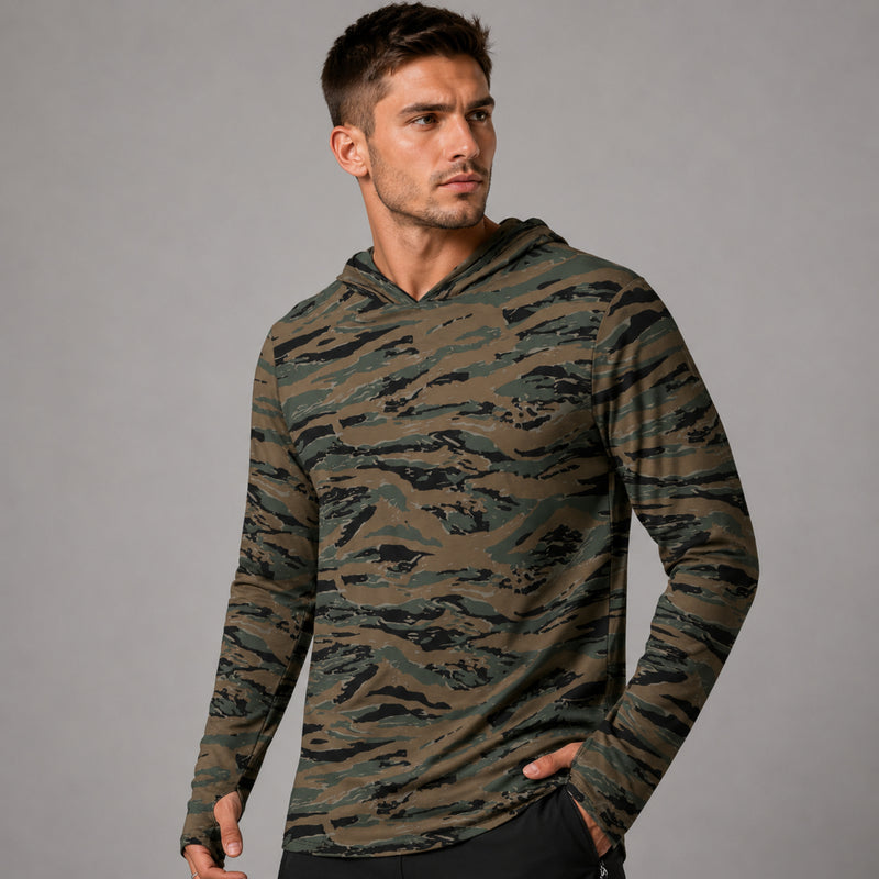 Tiger Stripe Marine Experimental Woodland CAMO Mens Sunscreen Sports Hoodie With Thumb Holes - S / White