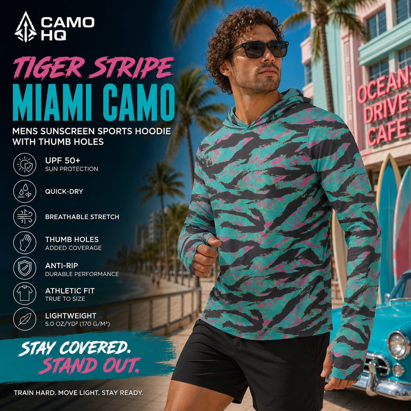 Tiger Stripe Miami CAMO Mens Sunscreen Sports Hoodie With Thumb Holes