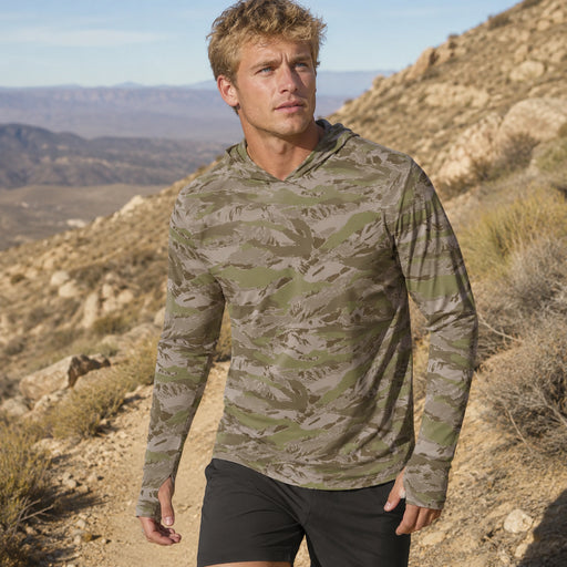 Tiger Stripe Multi-Terrain Arid CAMO Mens Sunscreen Sports Hoodie With Thumb Holes - S / White