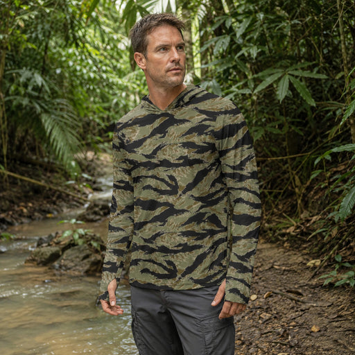 Tiger Stripe Special Forces Advisor Sparse CAMO Mens Sunscreen Sports Hoodie With Thumb Hol - S / White