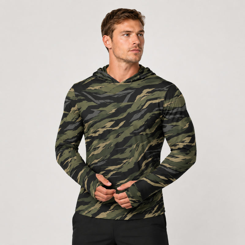 Tiger Stripe Vanguard Jungle CAMO Mens Sunscreen Sports Hoodie With Thumb Holes - S / White