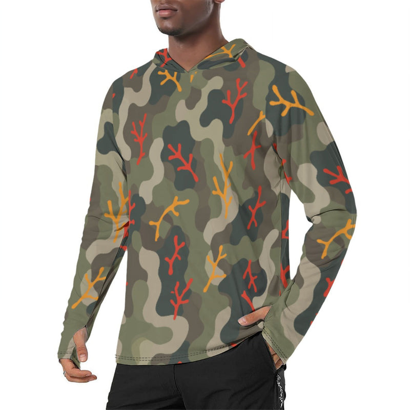 Woodland Coral Branch CAMO Mens Sunscreen Sports Hoodie With Thumb Holes - S / White