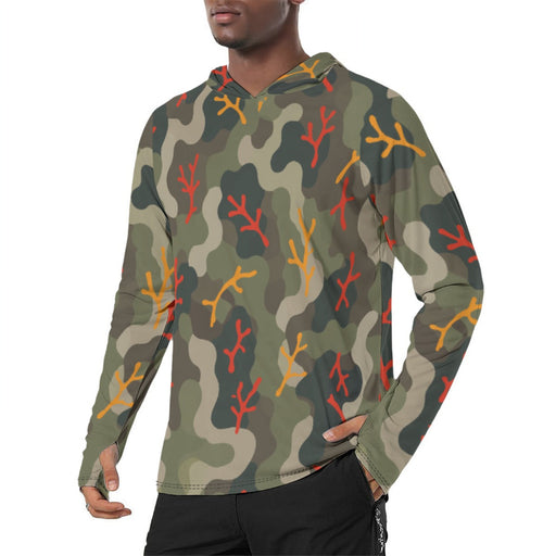 Woodland Coral Branch CAMO Mens Sunscreen Sports Hoodie With Thumb Holes - S / White