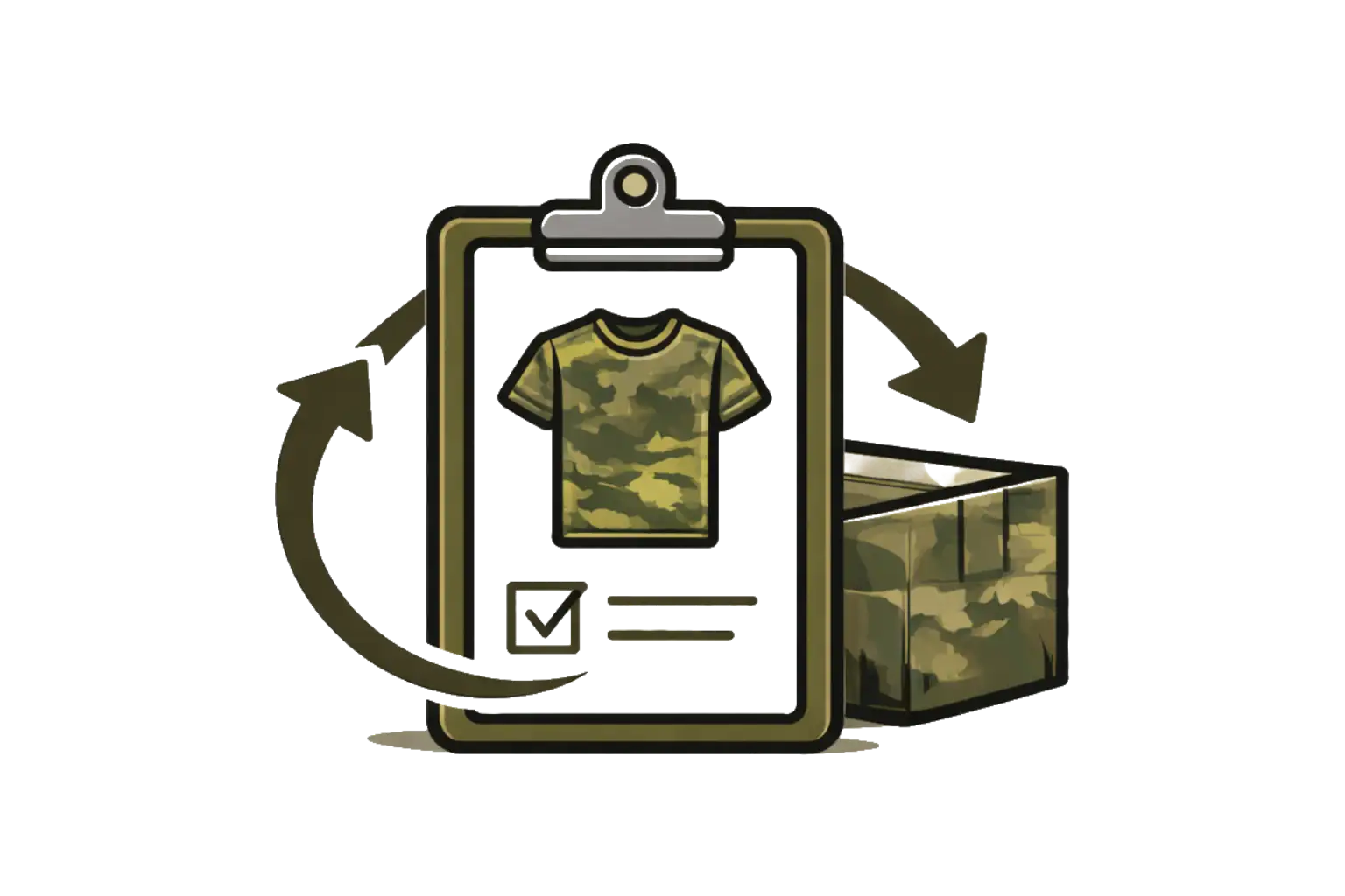 Camouflage-patterned t-shirt displayed on a clipboard with an arrow indicating return to packaging.
