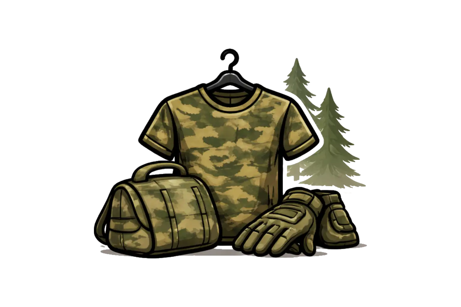 Camouflage-patterned tactical t-shirt hanging on a hanger, paired with matching camouflage gear bag and gloves