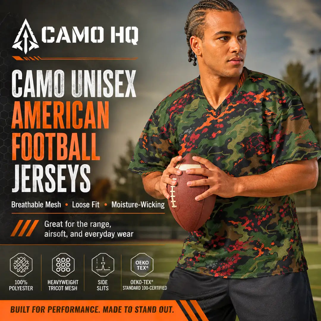 Camouflage-patterned unisex american football jersey made of breathable mesh with side slits and moisture-wicking properties.