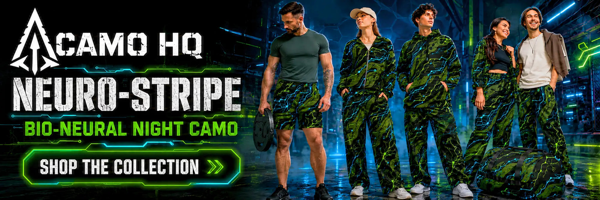 Green and black camouflage-patterned athletic wear with glowing neon green stripes, featuring a futuristic ’bio-neural night camo’ design.