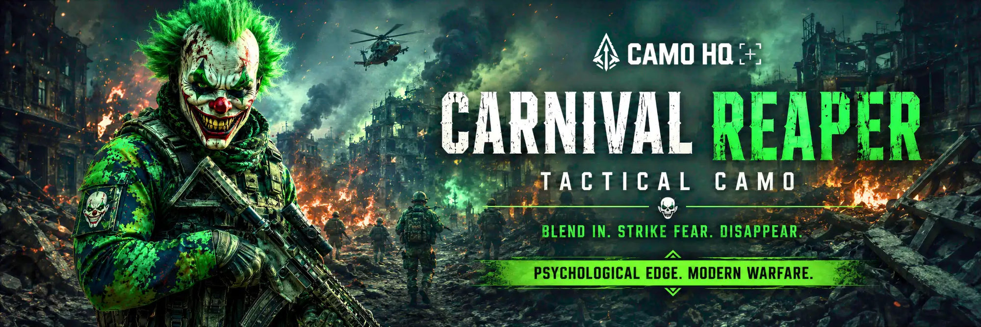 Green camouflage tactical gear worn by a clown-themed soldier.