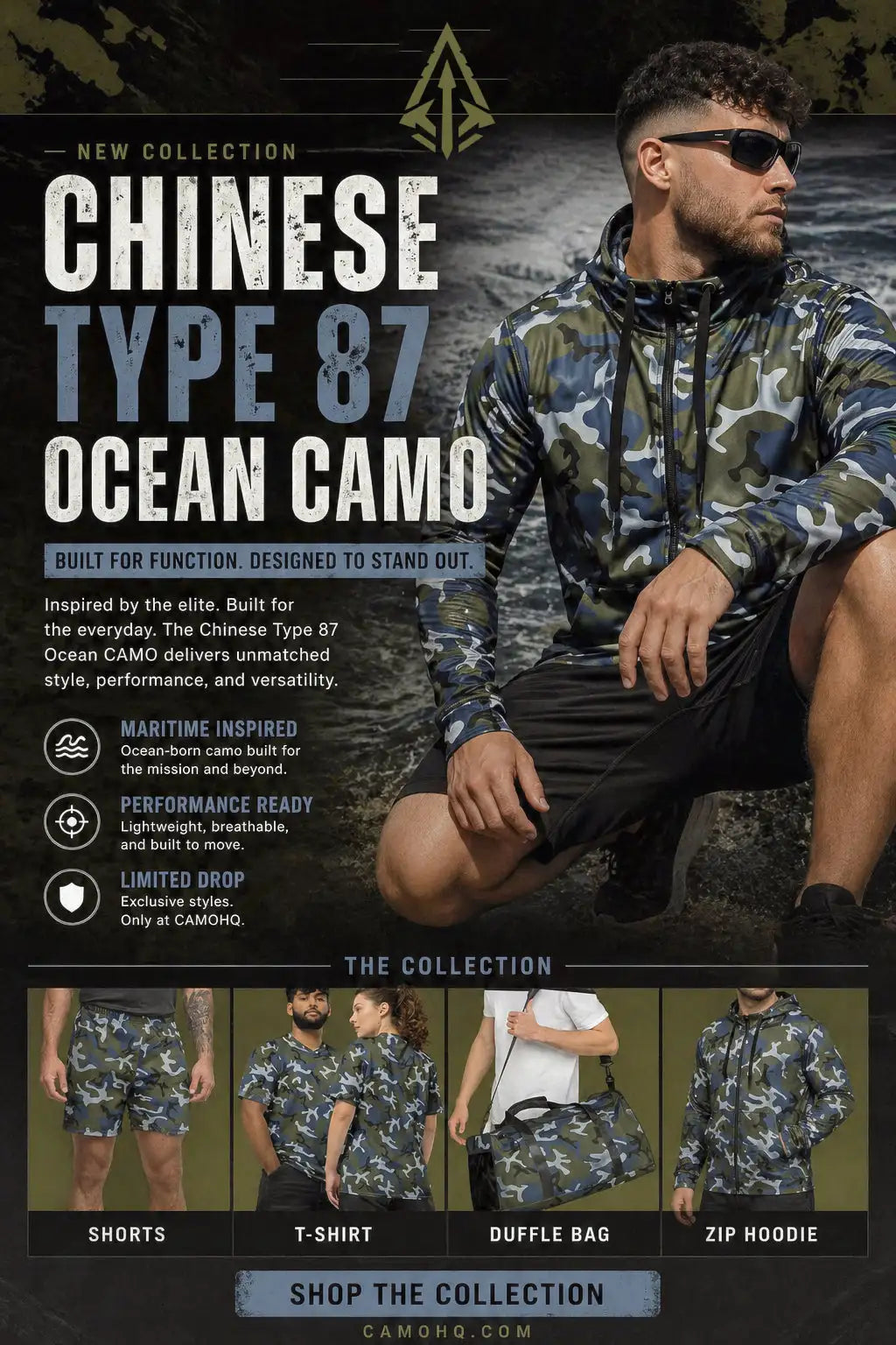 A man wearing a long-sleeved, hooded zip-up jacket with an ocean camouflage pattern in shades of green and blue.