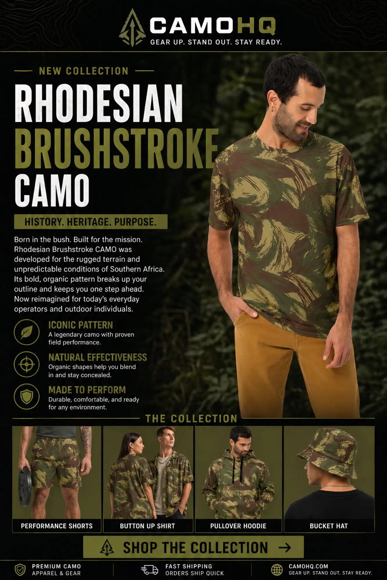 A man wearing a short-sleeved t-shirt with an olive and dark green rhodesian brushstroke camouflage pattern.