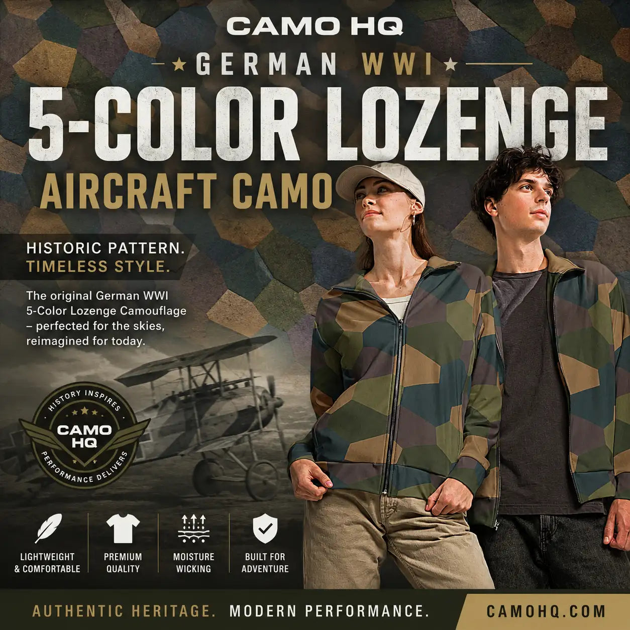 A modern, lightweight zip-up jacket in a 5-color german wwi aircraft camouflage pattern featuring hexagonal lozenges in shades of green, brown, and tan.