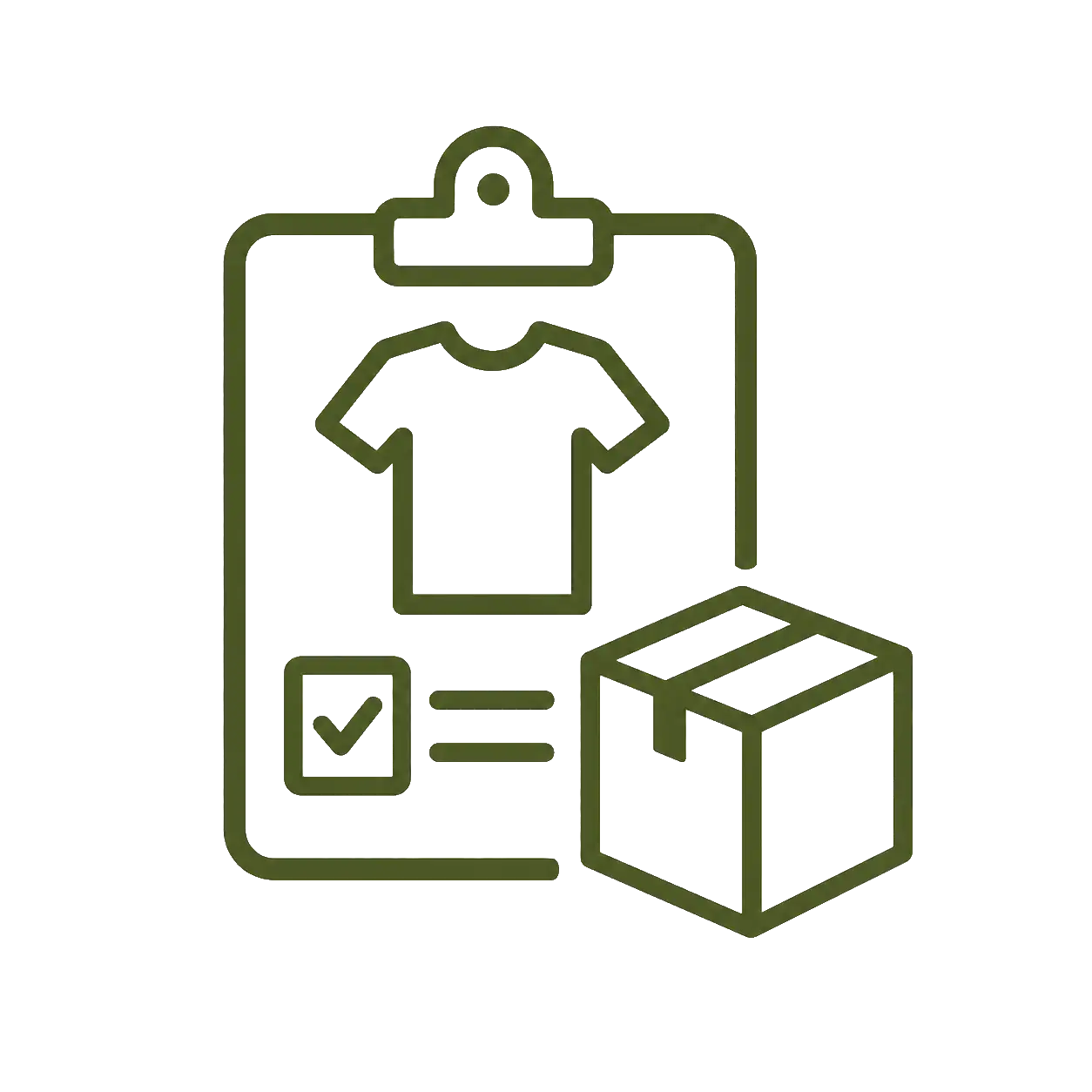 Olive green line art icon depicting a t-shirt on a clipboard next to a box with a checkmark