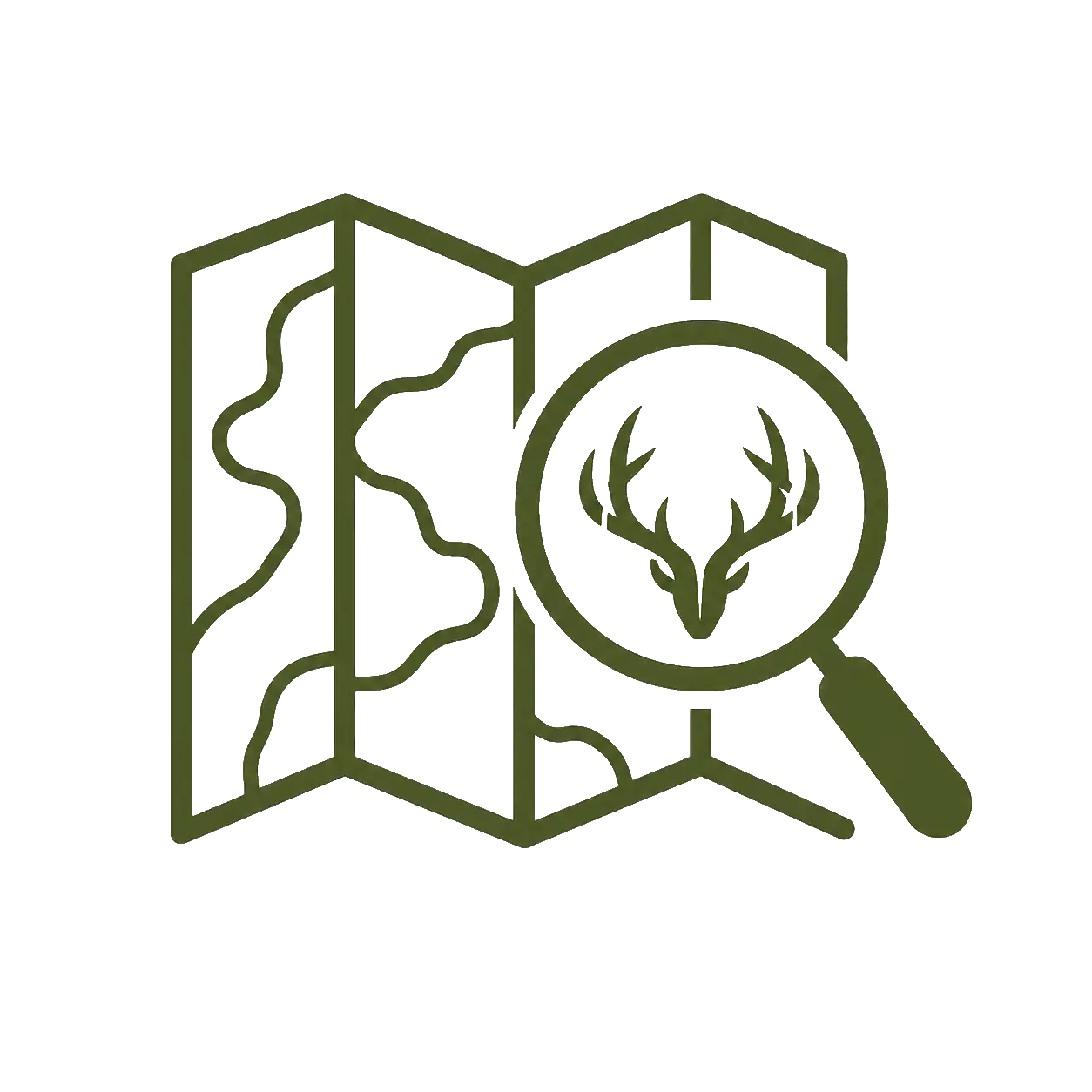 Olive green line-art logo featuring a stylized map with leaf patterns and a magnifying glass highlighting a deer head silhouette.