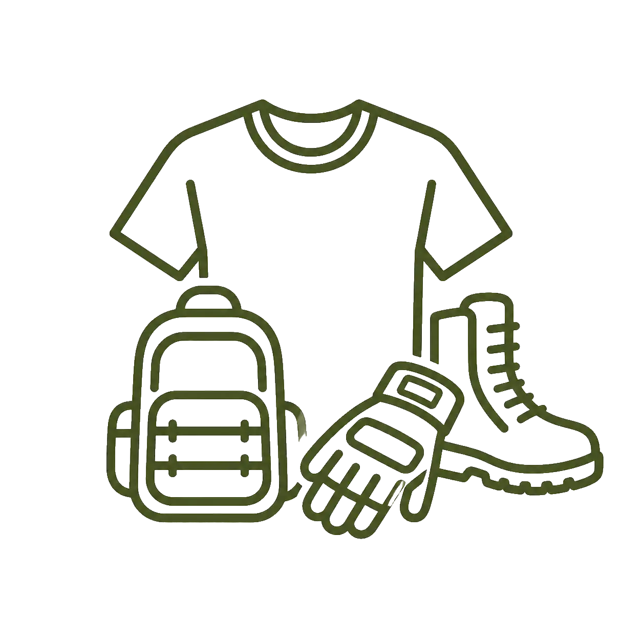 Olive green outline illustration of a t-shirt, backpack, and boots