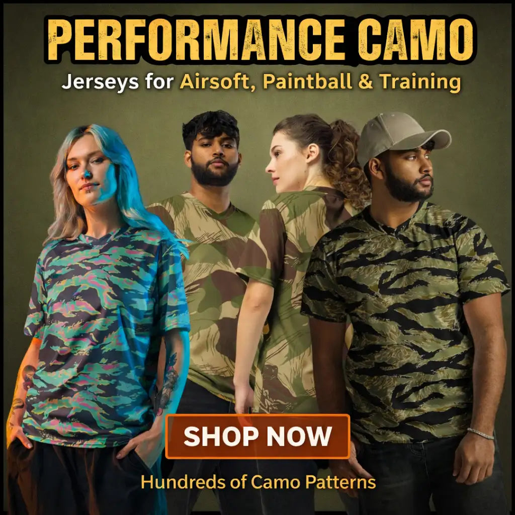 Performance camouflage jerseys in vibrant, tactical patterns for airsoft and paintball.