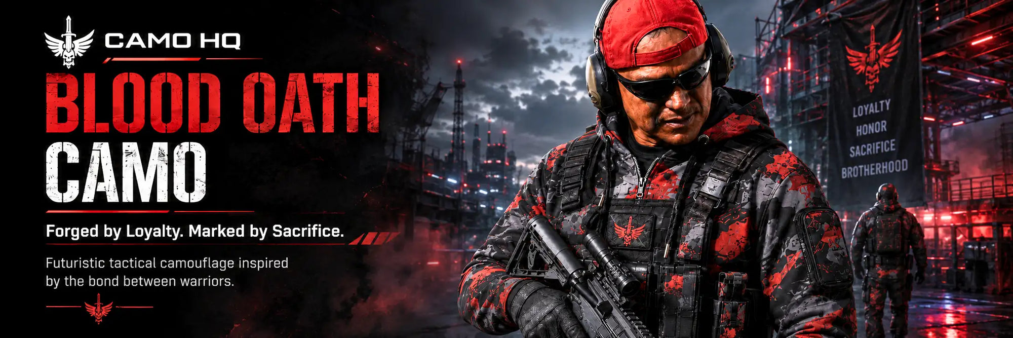Red and black tactical camouflage jacket with a futuristic design, featuring the ’blood oath’ pattern from camo hq.