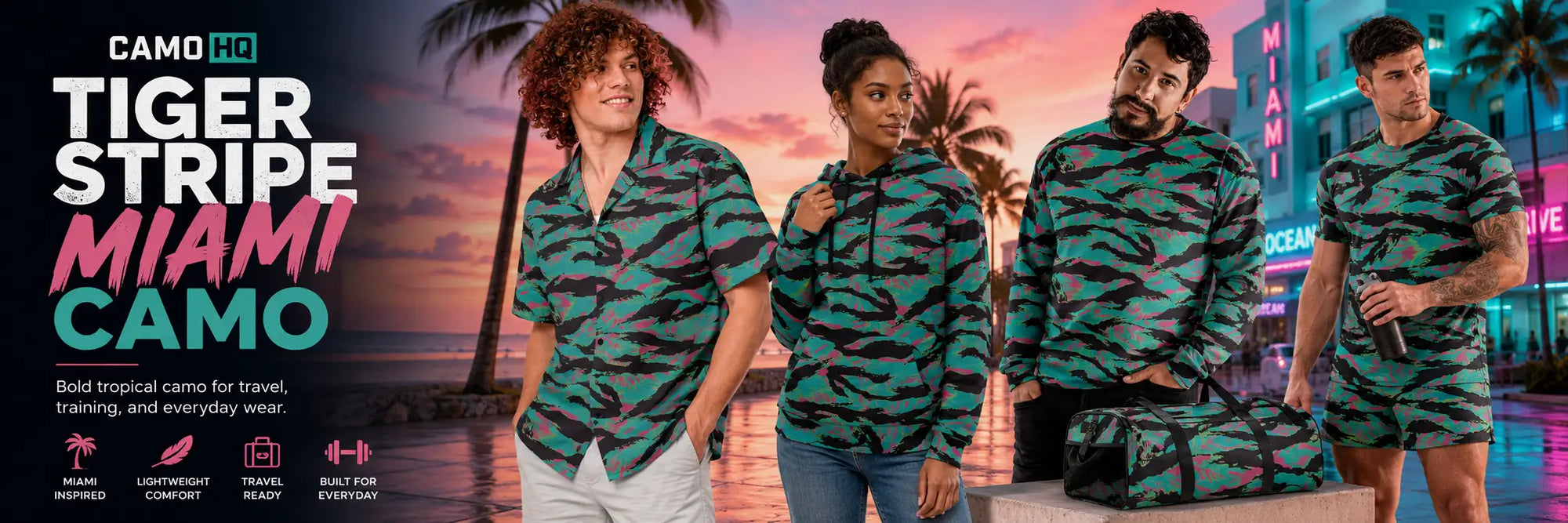 Tiger stripe miami camo short-sleeved shirt in bold green and black camouflage pattern.